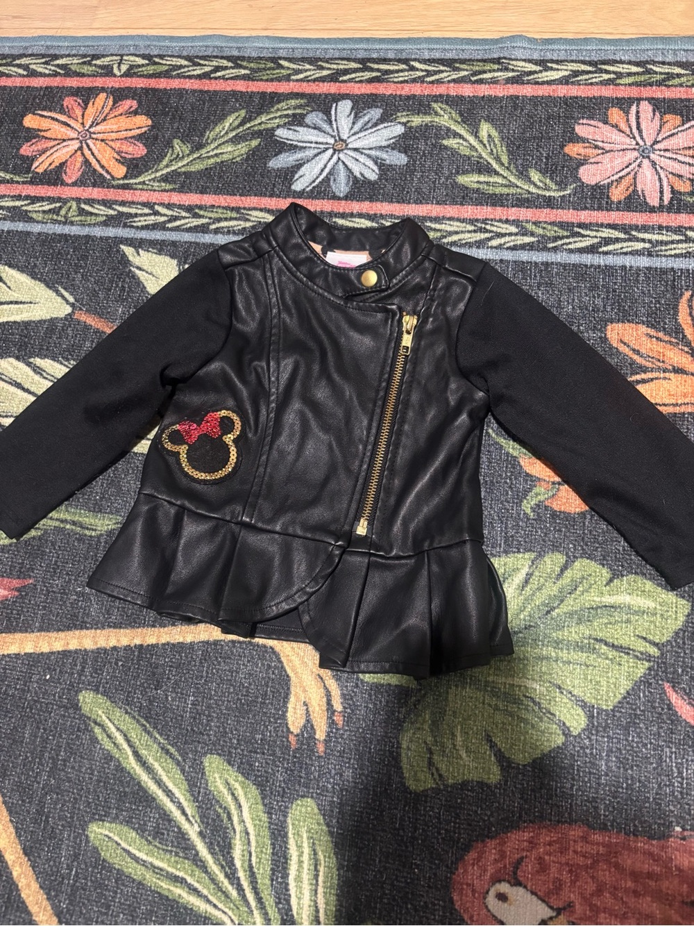 Disney Baby Girls' Black Faux Leather Peplum Moto Jacket Minnie Mouse Size 12M
